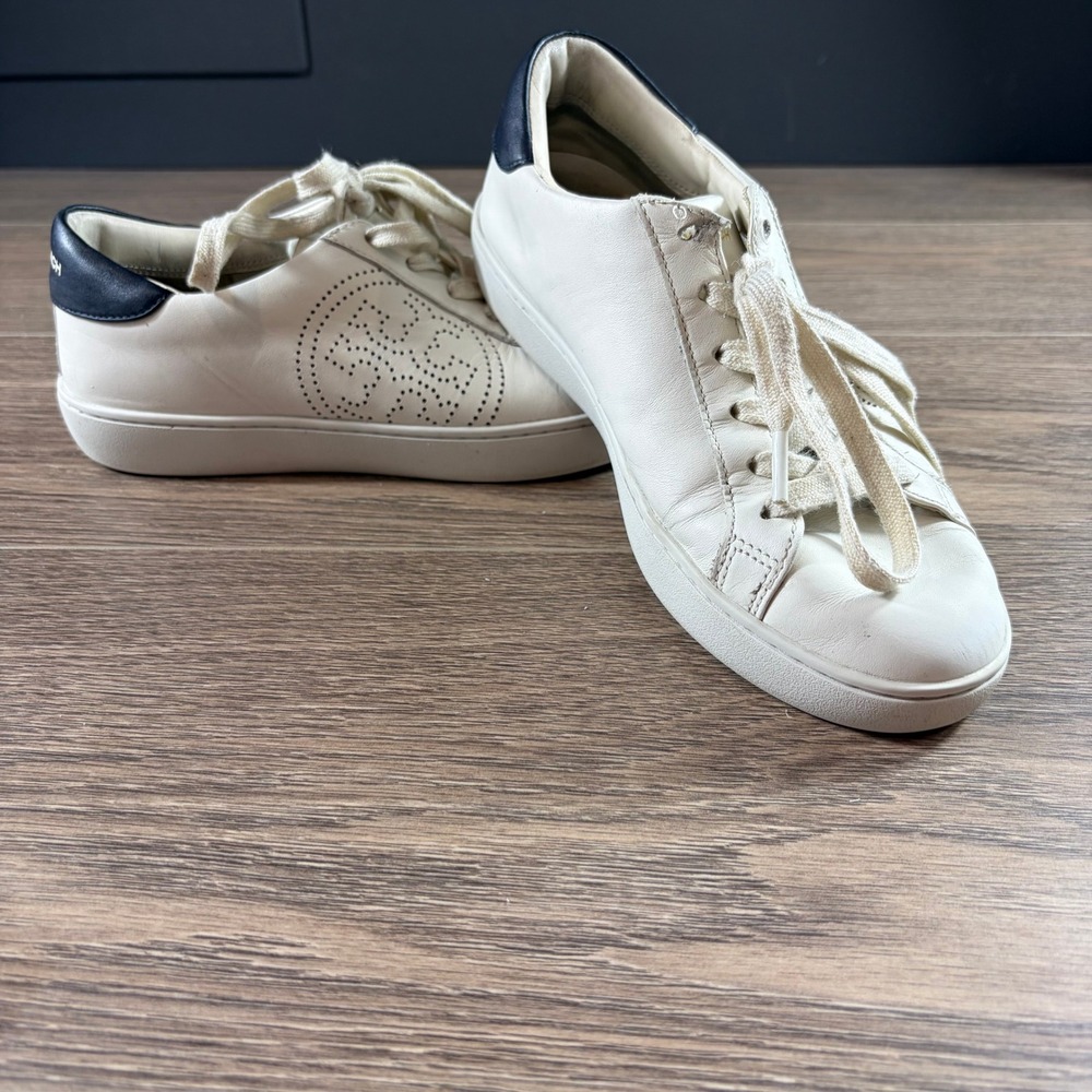 Tory Burch Leigh White Leather Perforated Logo Lace Closure Sneakers Size 7 FAIR